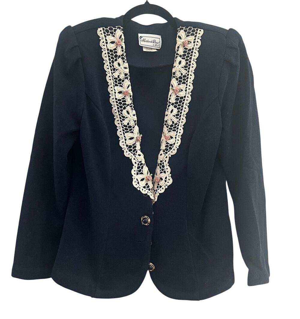 Vintage Navy Lace Flowers Sweater Blazer GrannyCore Made USA-Size 10